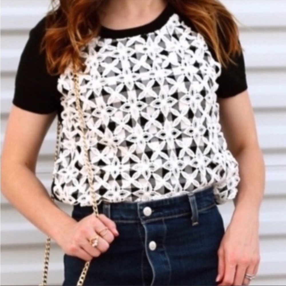 Anthropologie Moth Facade Lace Gingham Sweater Black White Short Sleeve Sz S
